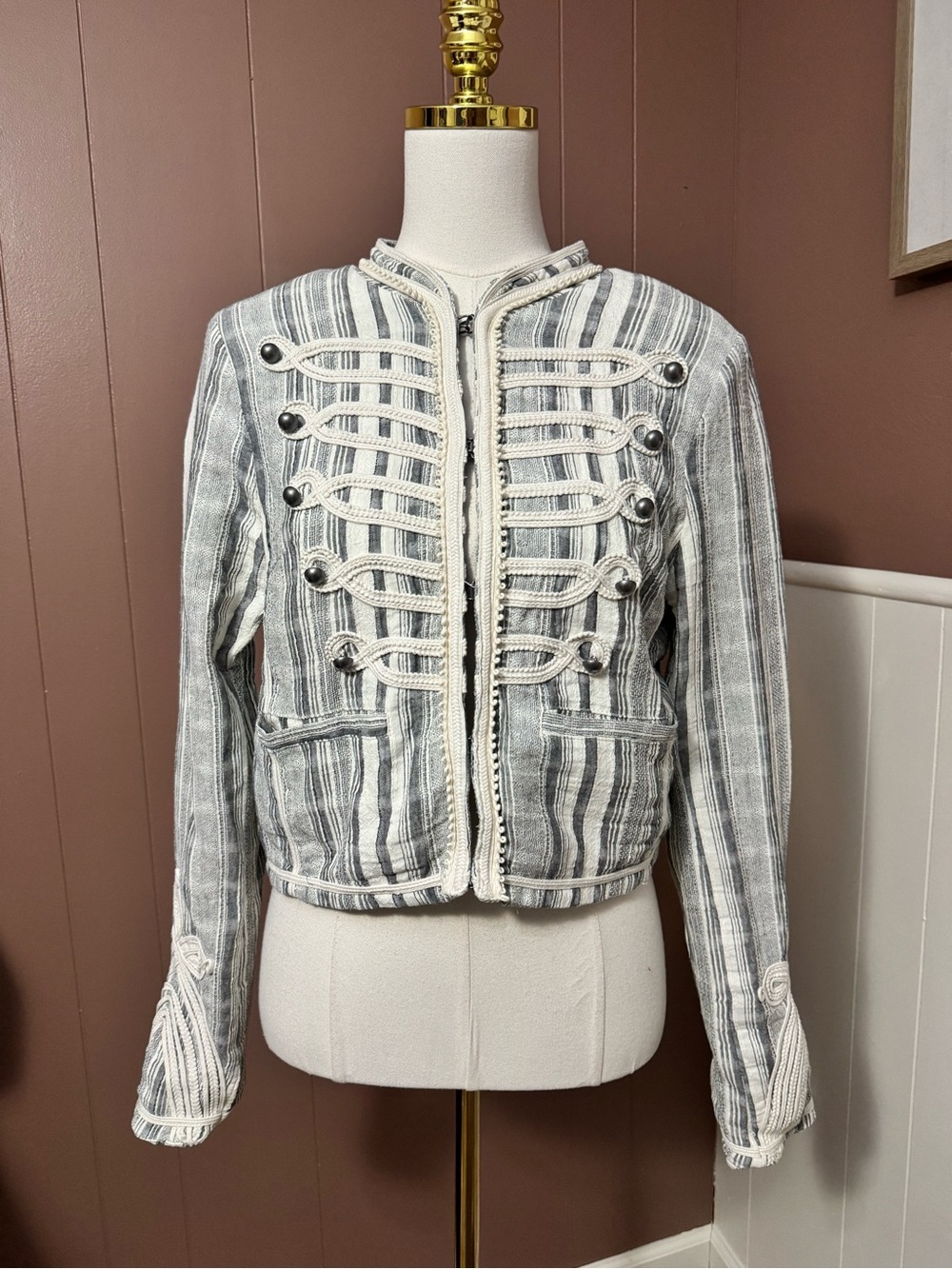 Free People Striped Military-Style Cotton Jacket